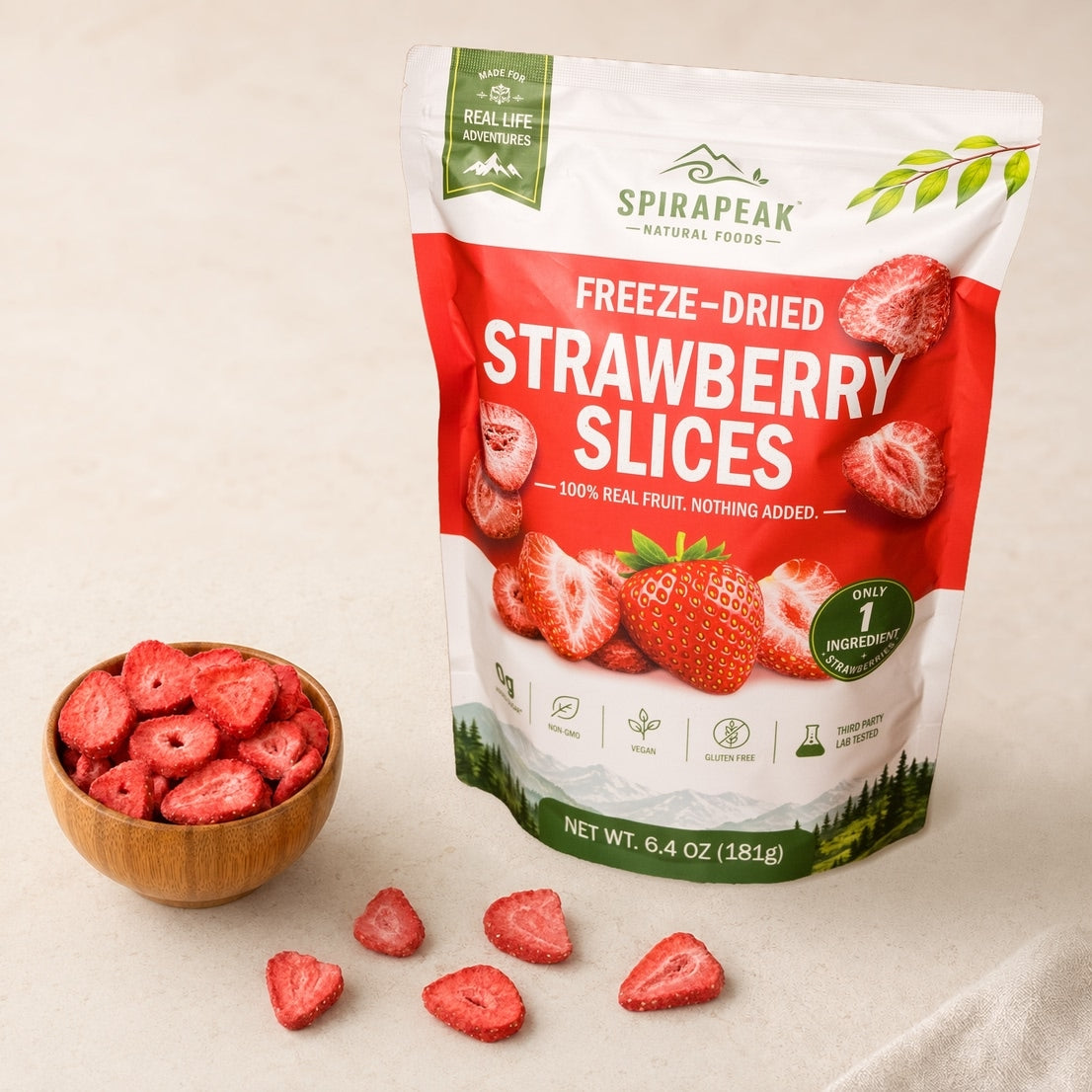 SPIRAPEAK strawberry slices pouch beside a wooden bowl of freeze-dried strawberries.
