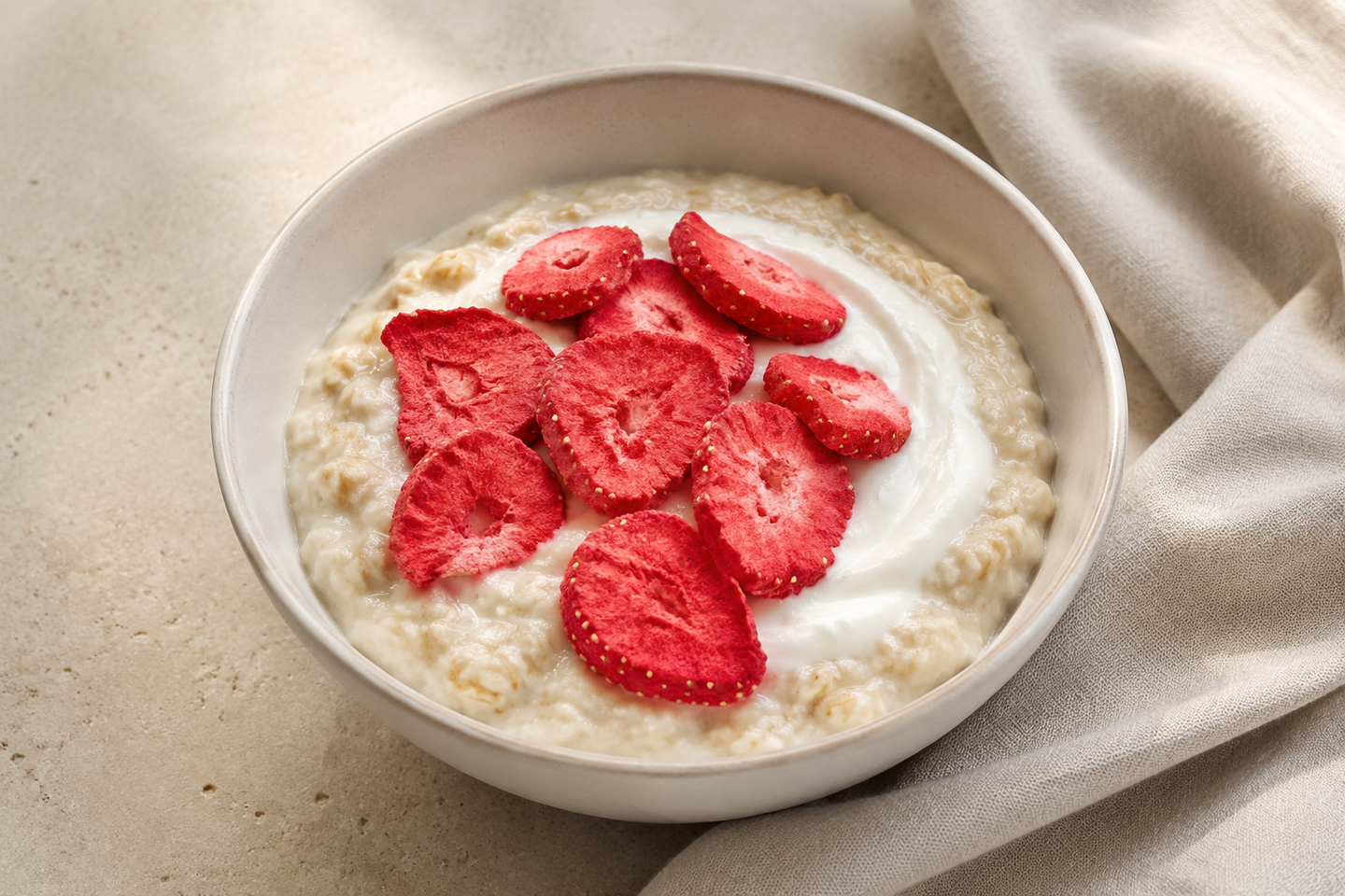 Strawberry slices on yogurt and oatmeal.